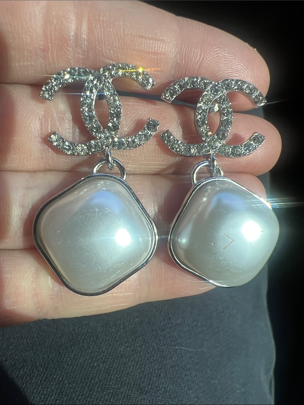 CHANEL Silver Crystal CC Drop Earrings with Pearl Cabochons - White